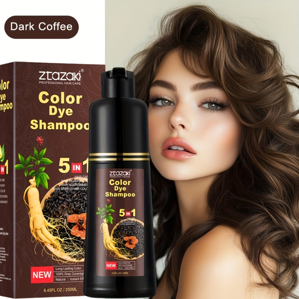 Gray Hair Coverage Shampoo with Ginseng & He Shou Wu — 5-in-1 Hair Dye Shampoo, Ammonia-Free, Covers Gray Hair Instantly, Moisturizing Formula for All Hair Types