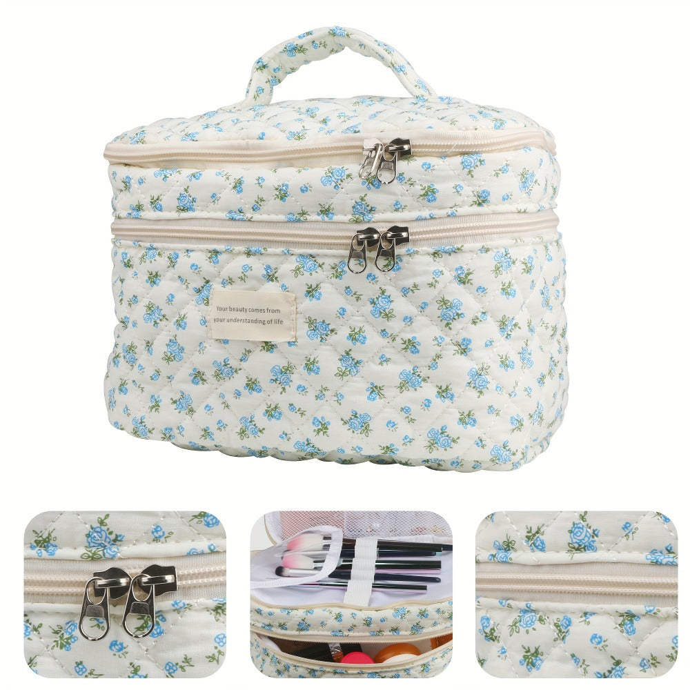 Large Capacity Dual Layer Cotton Makeup Cosmetic Bag (3PCS), Cute Quilted Travel Coquette Aesthetic Floral Make up Bag for Women Toiletry Bag