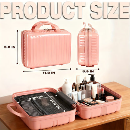 Makeup Travel Case Hard Shell Portable Cosmetic Bag Suitcase Waterproof Pressure-Proof with Elastic Band Small Carry-On Case for Women Travel Camping Gym 30x25x15cm