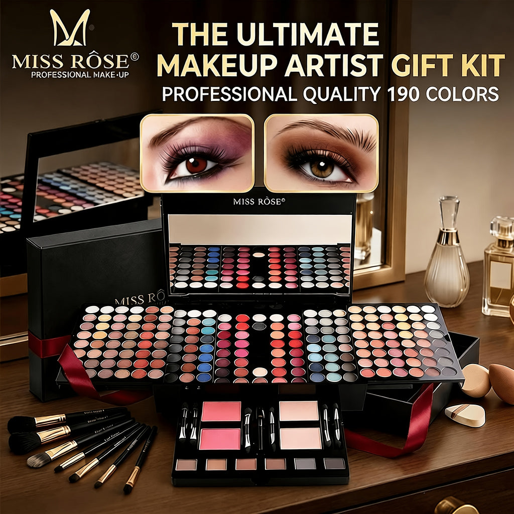 [Easter Mother's Day] MISS ROSE 190-Color All-in-One Full Face Makeup Palette Kit, 4-in-1 Eyeshadow Blush Powder Eyebrow, Durable Fadeless Shiny Natural Foundation, 8 Brushes Mirror Set, Professional For Women Girls Beginners, Perfect Gift For Easter & Mo
