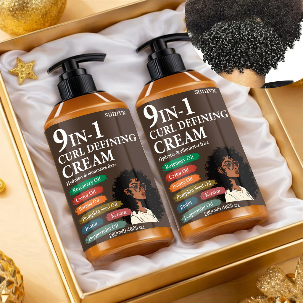 2pcs-9.468fl.oz, 9-in-1 Curl Defining Cream | Moisturizing, Adult Curl Styling Cream | 1 Bottle, Long-lasting Hold, Frizz Control, Non-greasy, for Styling Normal, Wavy And Curly Hair, Stylish Bottle Design, Suitable for Both Men And Women.