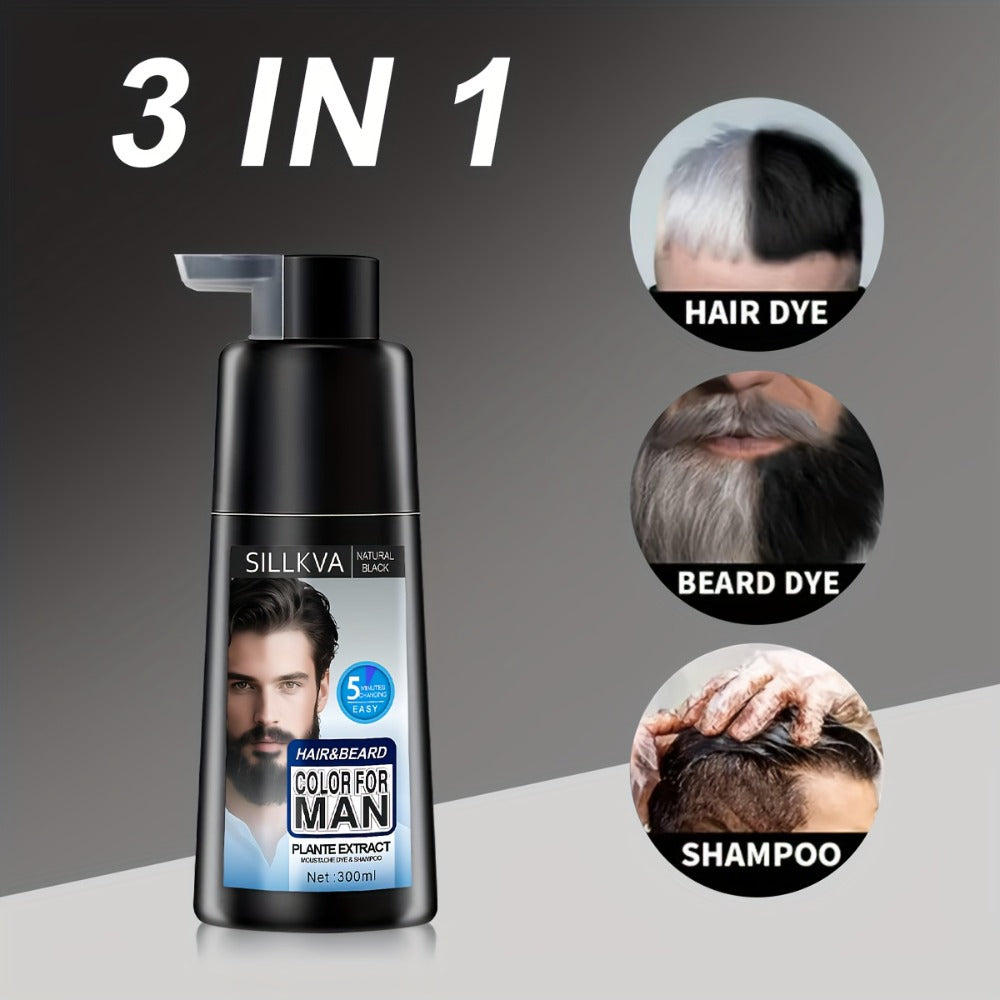 Hair & Beard Dye Shampoo for Men 3-in-1 Black — 8-Minute Gray Coverage, Ammonia-Free, Long-Lasting Natural Color, Quick & Easy Application, 10 oz, 1 & 2 Pack Options