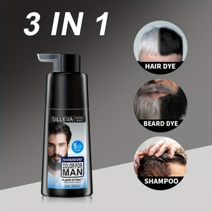 Hair & Beard Dye Shampoo for Men 3-in-1 Black — 8-Minute Gray Coverage, Ammonia-Free, Long-Lasting Natural Color, Quick & Easy Application, 10 oz, 1 & 2 Pack Options