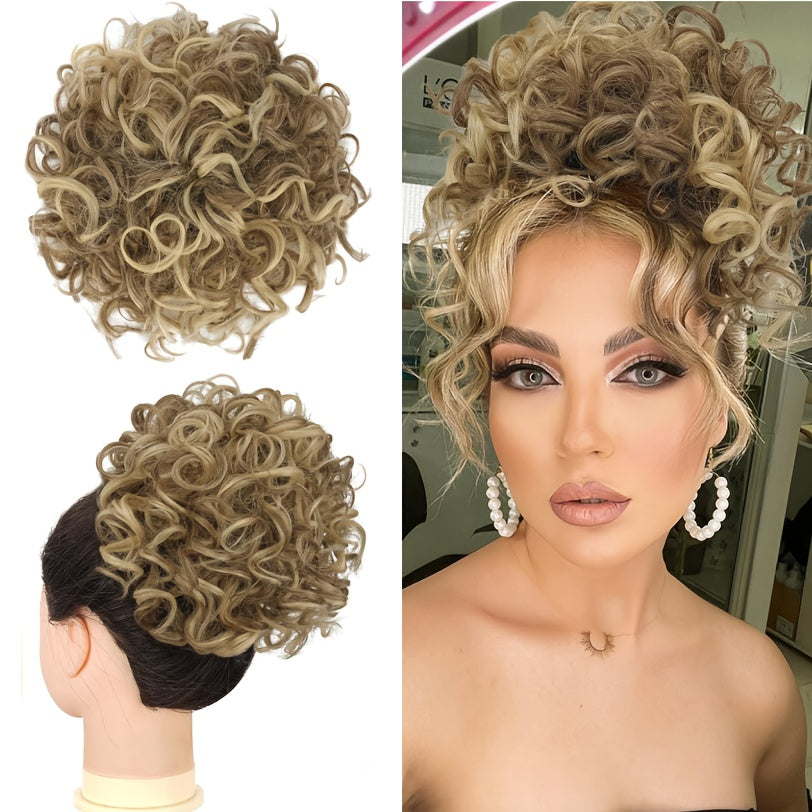 FESHFEN Messy Bun Short Curly Ponytail Extension with Elastic Drawstring, Loose Hair Bun Pieces for Women with Thinning Hair, Made from High-Temperature Synthetic Fiber, Weighing 80G