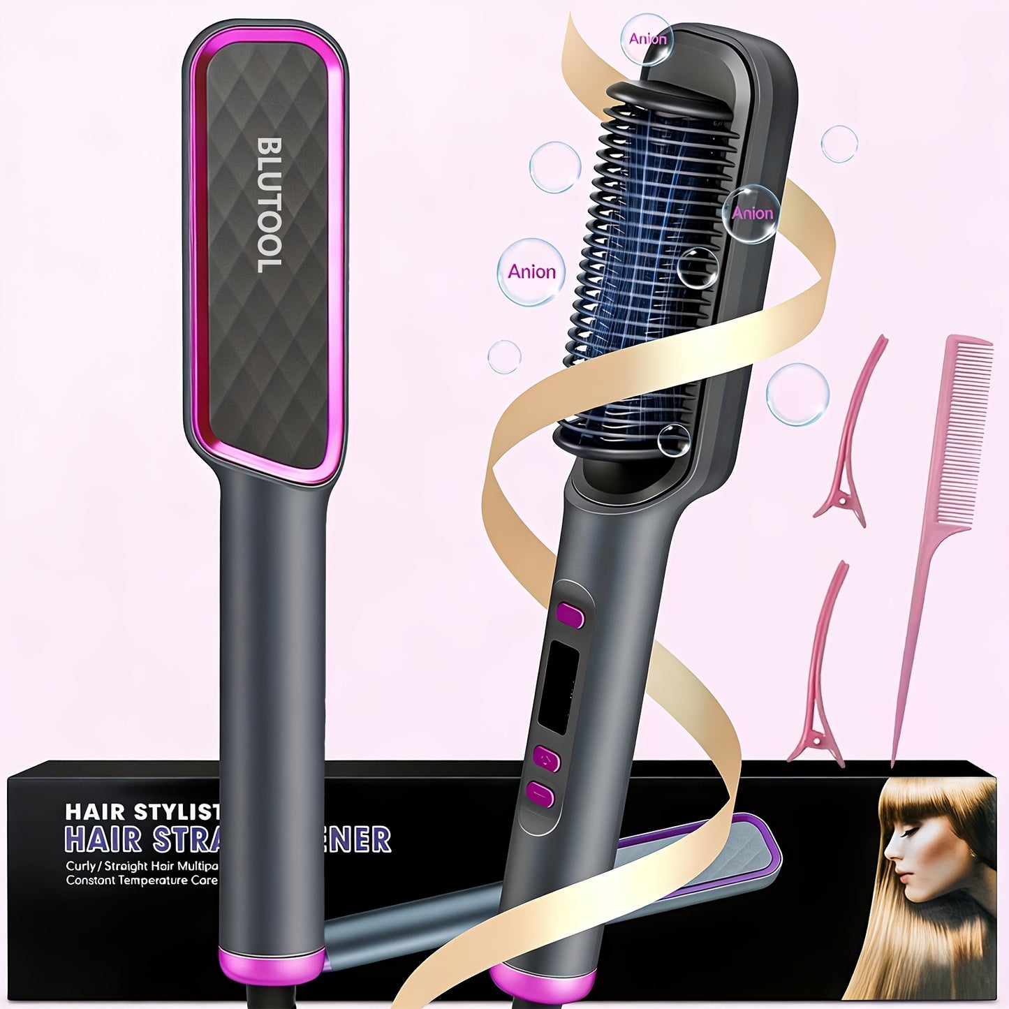 Hair Straightener Brush 10s Fast Heat LCD Display – 5 Temperature Flat Iron Comb Anti-Scald Straightening Brush for Women with 2 Clips & Comb – White, Grey, Purple