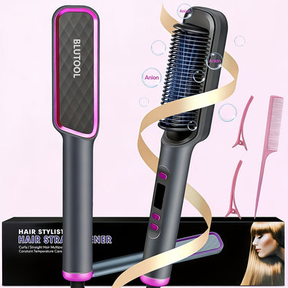 Hair Straightener Brush 10s Fast Heat LCD Display – 5 Temperature Flat Iron Comb Anti-Scald Straightening Brush for Women with 2 Clips & Comb – White, Grey, Purple
