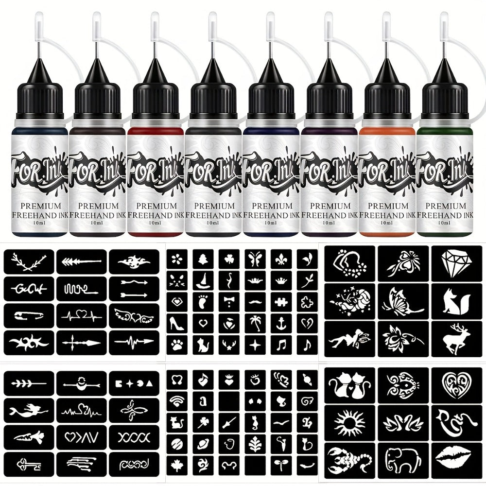 8 Bottles For. Ink Tattoo Ink Set, Mixed Color System, Hollow Template Stencils, Semi-Permanent Body Art, Waterproof, Long-Lasting, Creative Design for Parties, Holidays, Special Occasions