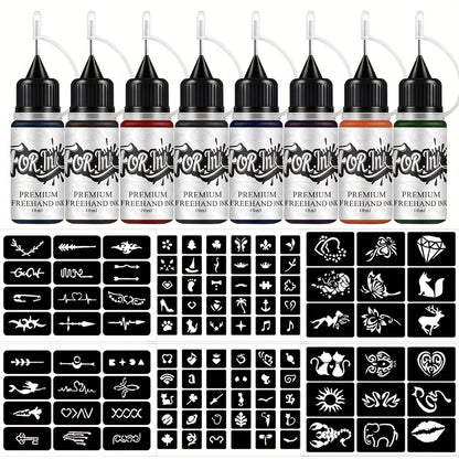 Tattoo Ink Set 8 Bottles — Semi-Permanent Waterproof Body Art Ink with Hollow Stencils, Mixed Colors, Long-Lasting Formula for Parties, Festivals & Special Occasions