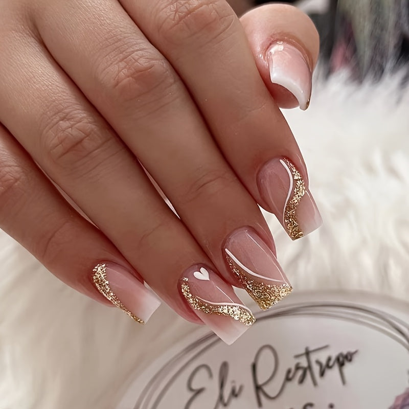 216pcs (9 Boxes) Short Square Summer White French Style Simple Gradient Glitter Heart Soft Gel Press-On Nails Full Cover Fake Nail Set for Women & S