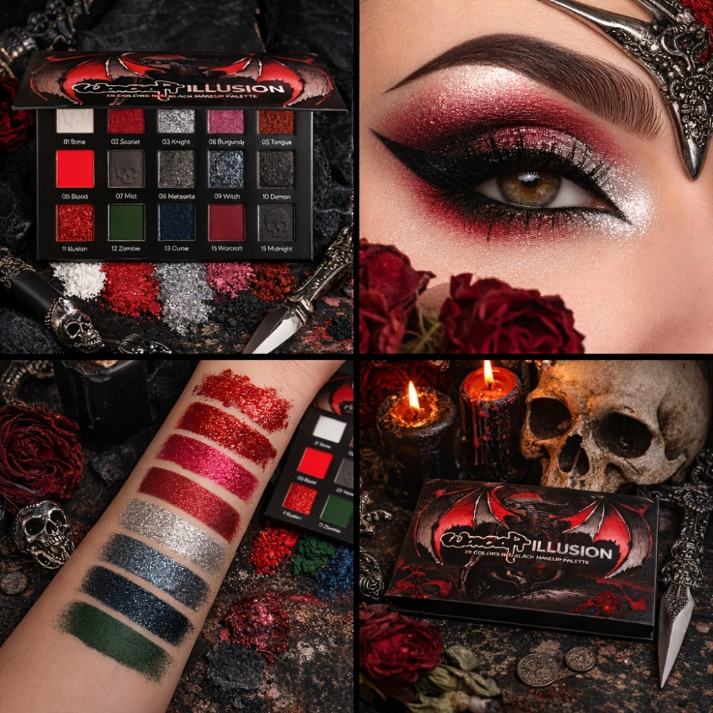 Gothic Eyeshadow Palette 15 Colors - Matte Shimmer Glitter Pigmented Dark Tones, Long-Lasting Dramatic Makeup for Cosplay, Party, Stage & Roleplay