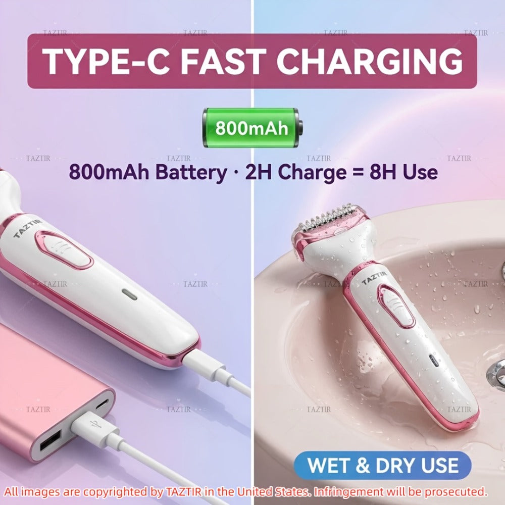 [4-in-1 Painless Razor for Women] 4-in-1 Rechargeable Electric Razor for Women - Face, Nose, Legs, Underarm, Bikini Trimmer - Wet & Dry, Painless Grooming Kit - Portable & Rechargeable