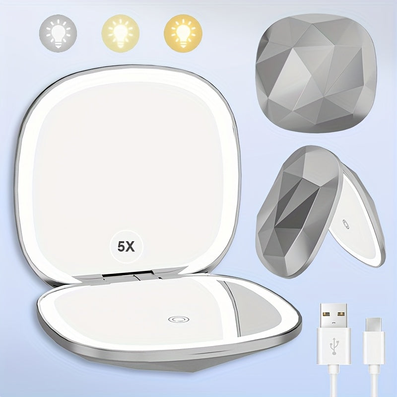 1X/5X Magnification 3 Colors LED Light Compact Travel Makeup Mirror with Light, One Side Magnifying Mirror And One Side Normal Mirror, Travel Portable for Purse And Travel Office Gift, Suitable for Makeup And Dressing Table.
