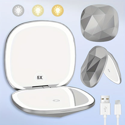 Compact Travel Makeup Mirror with LED Lights 5X Magnifying - Dual Sided 1X 5X Mirror, 3 Color Light Modes, Portable Purse Mirror for Women, Vanity Mirror for Desk Office Travel Gift
