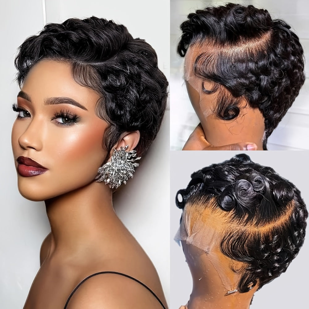 Pixie Cut Wig Human Hair 13x4 HD Lace Front Short Curly Wavy Wig Pre Plucked Natural Hairline Body Wave Loose Deep Wave Finger Wave Glueless Wig Natural Black Burgundy Chocolate Brown 6 Inch