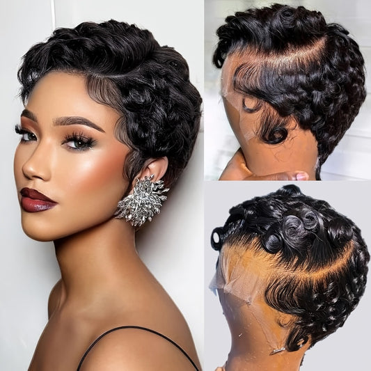 [Lace Front Pixie Wig] Curly Wavy 13x4 Lace Front Pixie Cut Wigs Real Human Hair Body Wave Short Wig, 13x4 HD Lace Frontal Wig Pre Plucked Elegant Loose Deep Curly Wave Pixie Cut Finger Wavy Mommy Wigs