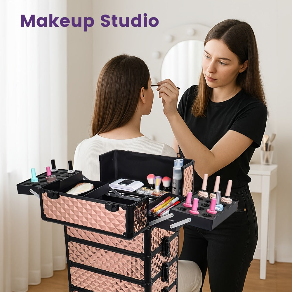 All-In-One Makeup Kit : 4-In-1 Rolling Makeup Train Case with Beauty Sponge, Large Portable Cosmetic Trolley with 360° Wheels, Professional Salon & Travel Storage Organizer
