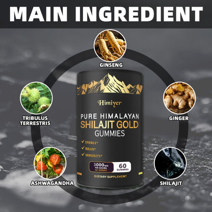 Pure Himalayan Shilajit Gummies with KSM-66 Ashwagandha, Ginseng & Gokshura – 85+ Trace Minerals, 75% Fulvic Acid | No Added Sugar | Energy & Vitality Supplement for Men & Women | 1 or 2 Bottles