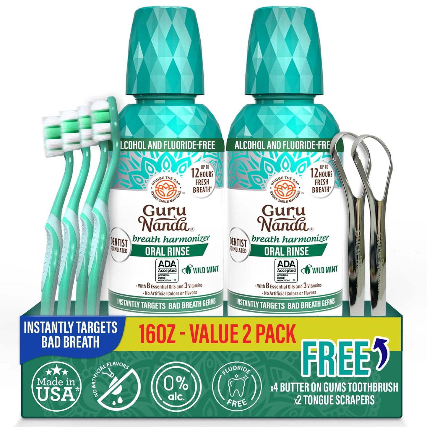 Mouthwash Alcohol Free Fluoride Free 2 Pack 16 oz GuruNanda Fresh Breath Oral Rinse with Essential Oils Sodium Chlorite Vitamins D3 E K2 ADA Accepted Wild Mint 24 Hour Fresh Breath for Adults
