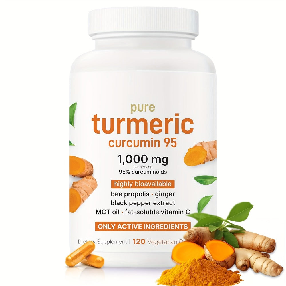 120 Capsules Premium Turmeric Curcumin 1000mg Supplement - Triple Action Heart & Brain Support With Ginger, Black Pepper & Bee Propolis - Natural Herbal Formula For Men & Women, Family Health Product