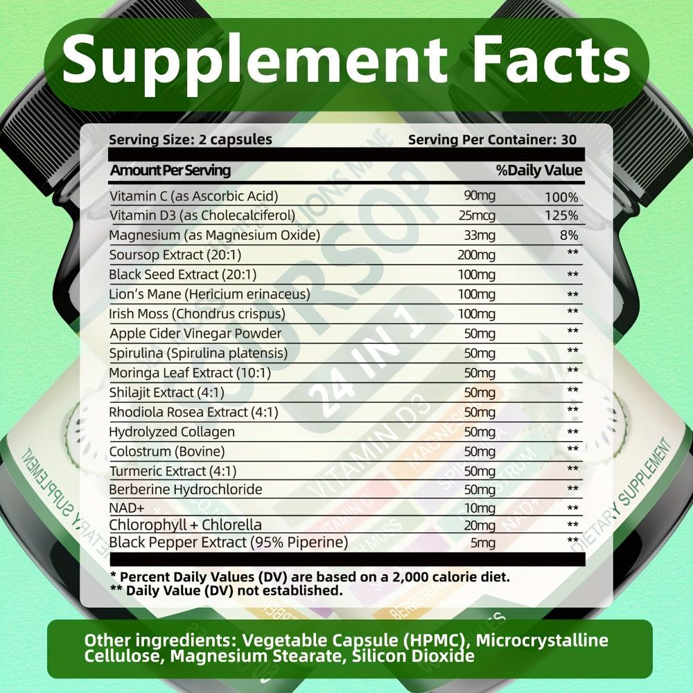 [Herbal Supplement Support] (1/3 Bottles) - Soursop Capsules, Vitamin D3, Vitamin C, Magnesium, Irish Moss, Shilajit, Berberine, NAD+, Advanced Herbal Supplement, Healthy Support, Immunity, Antioxidant, Circulatory System Support