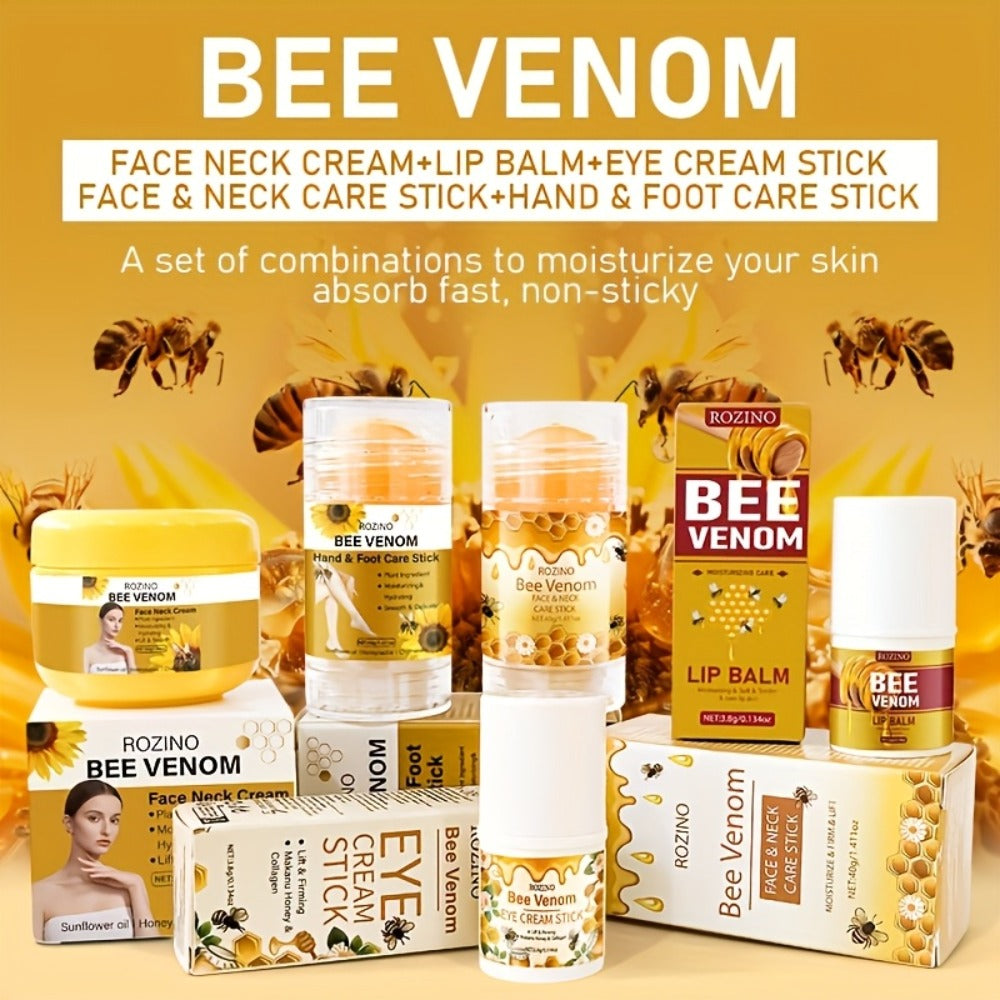 5pcs Bee Venom Care Set, Suitable For Lip, Face, Neck, Hands, Feet And Full-body Care. Moisturizing And Nourishing, Providing All-round Protection. Light And Non-greasy, Quickly Absorbed, Gentle And Non-irritating, Portable And Easy To Use