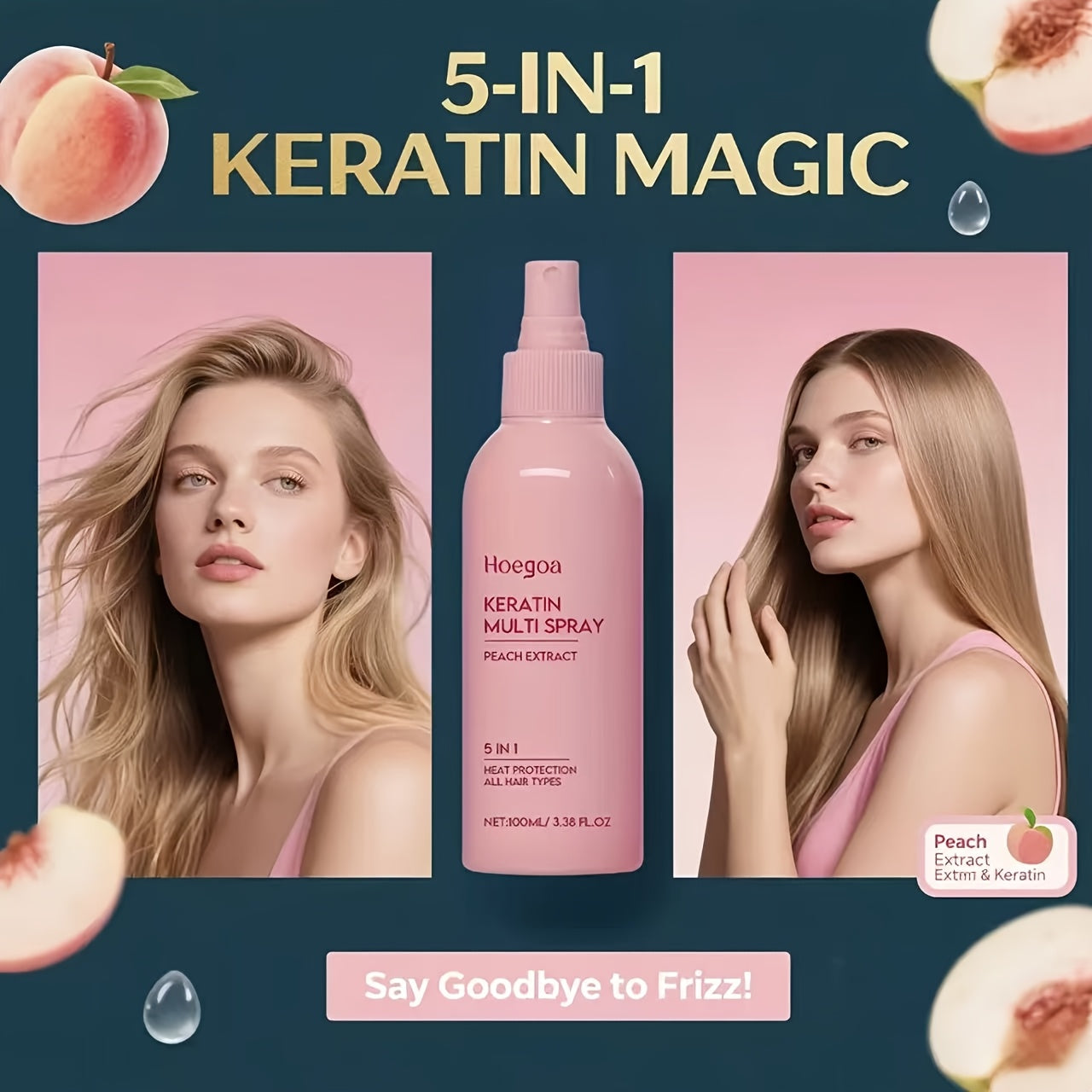 Set of 2 Fruity Peach Leave-In Conditioner Spray, Ideal for Styling Normal Hair with a Fluffy Look, Provides Hydration And Moisture, Lasting Scent, Heat-Resistant And No Rinse Required. Perfect Gifts for Valentine'S Day