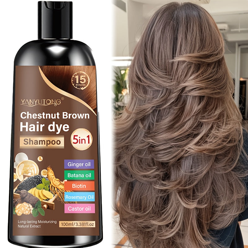 5-In-1 Triple Color Hair Dye Shampoo, Containing Ginger Oil, Biotin, Rosemary Oil, Castor Oil, And More. Gentle on The Scalp, Quickly Covers Gray Hair. Available in Black, Brown, And Chestnut Brown