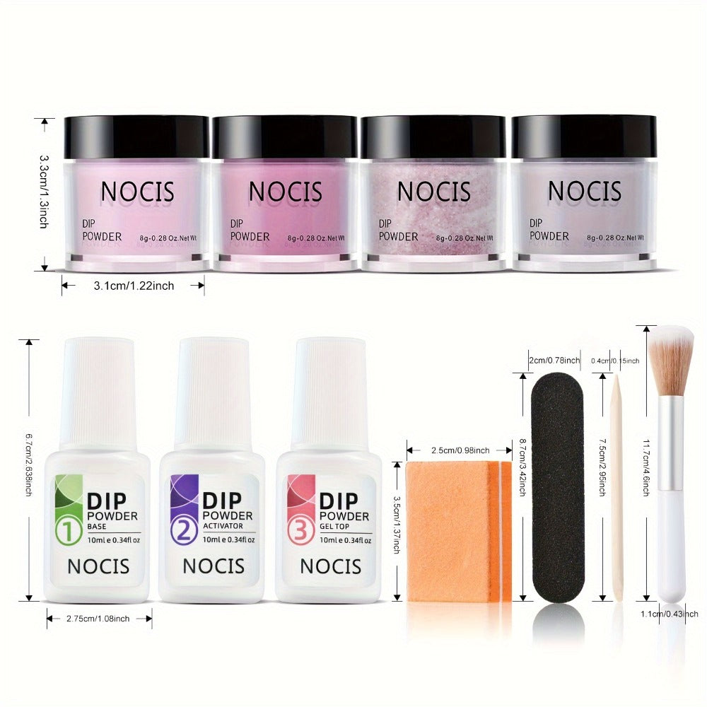 NOCIS Dip Powder Nail Kit Starter, 4 Colors Nude Pinkish Glitters Acrylic Dipping Powder System Liquid Set with Base/Top Coat Activator for French Nail Art Manicure Salon All-in-One Beginner Extension Kit