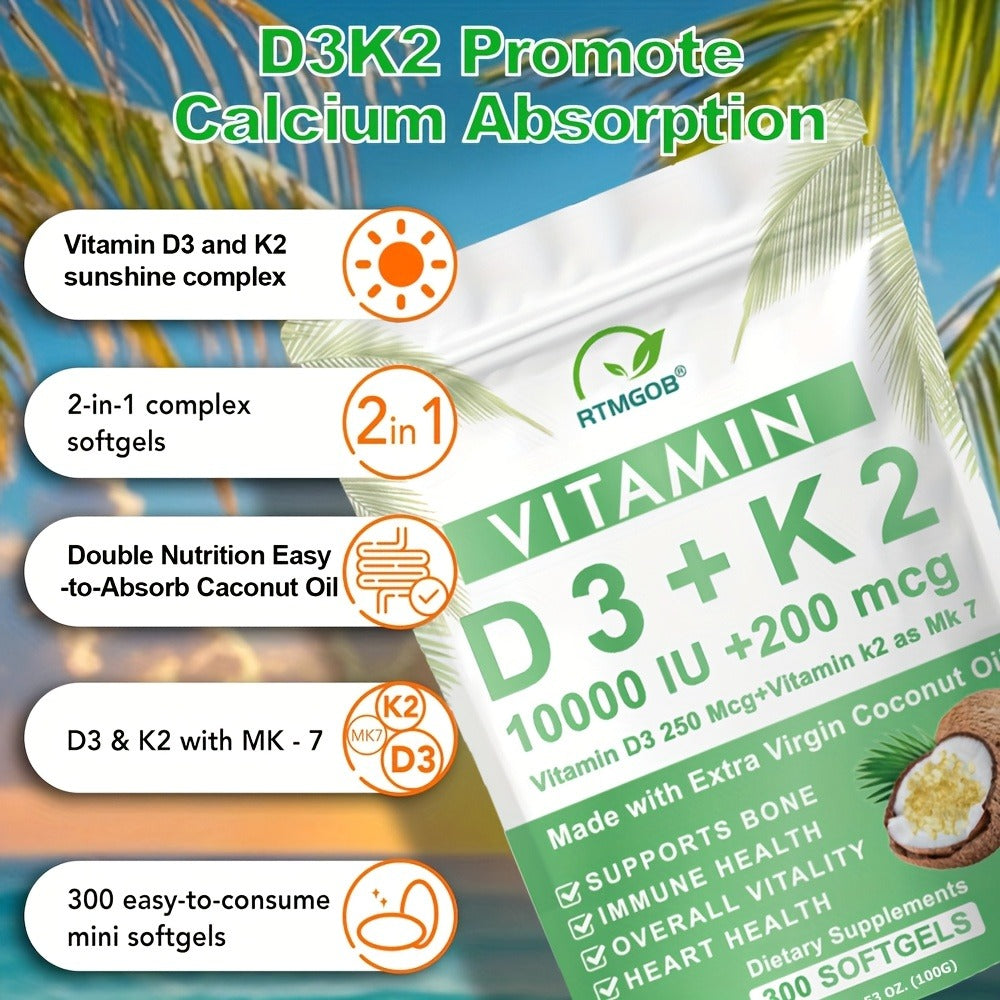 Vitamin K2 D3 Supplement, 10, 000 IU Vitamin D3 + 200 mcg Vitamin K2 MK7, Supports Bone, Immune Health, and Overall Vitality, 300 Softgels with Extra Virgin Coconut Oil