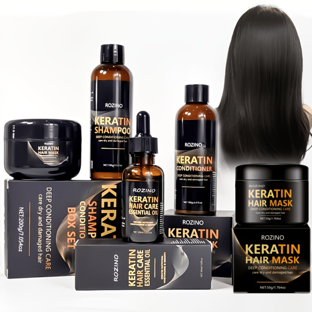 Keratin Hair Care Set 5pcs – Shampoo, Conditioner, Hair Mask & Essential Oil | Cleanses, Strengthens, Repairs Split Ends & Volumizes | Squalane & Glycerin Formula, Unisex