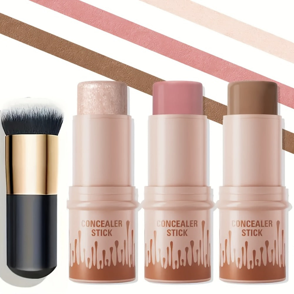 Contour Stick Set 3pcs - Blush Stick, Highlighter Stick & Bronzer Stick Cream Contour Kit, Non-Greasy Waterproof Long-Lasting Makeup for Fair to Medium Skin, Christmas Gift