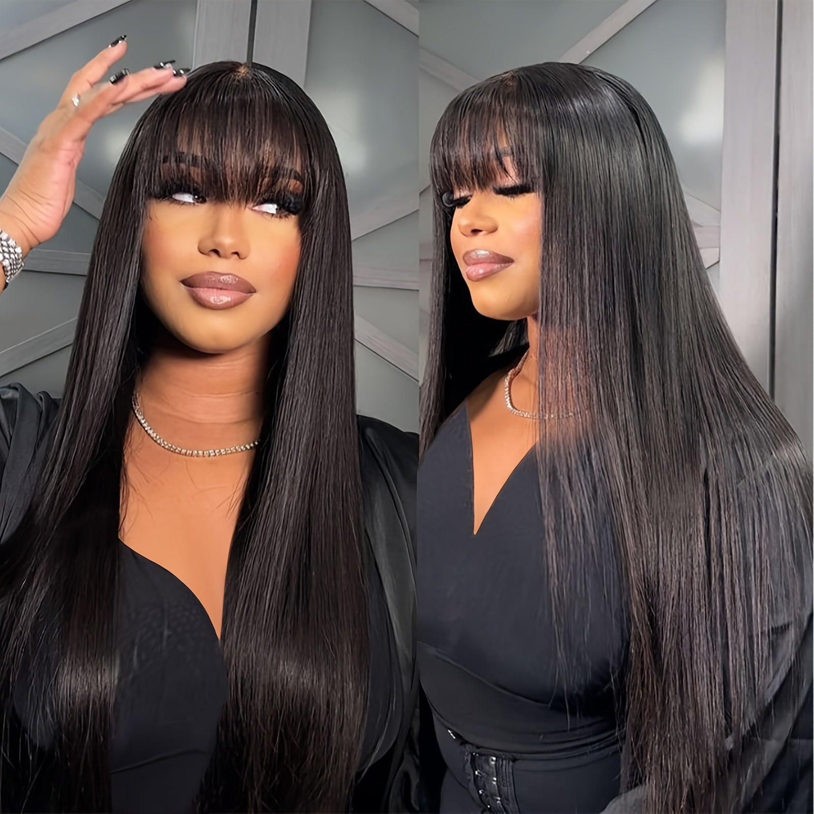 Long Straight Hair Wigs Black Heat Resistant Fiber Hair Full Machine Wig With Bangs Cosplay Party Wig For Fashion Women Cosplay Wig For Halloween Family Wig Party Hair Wigs