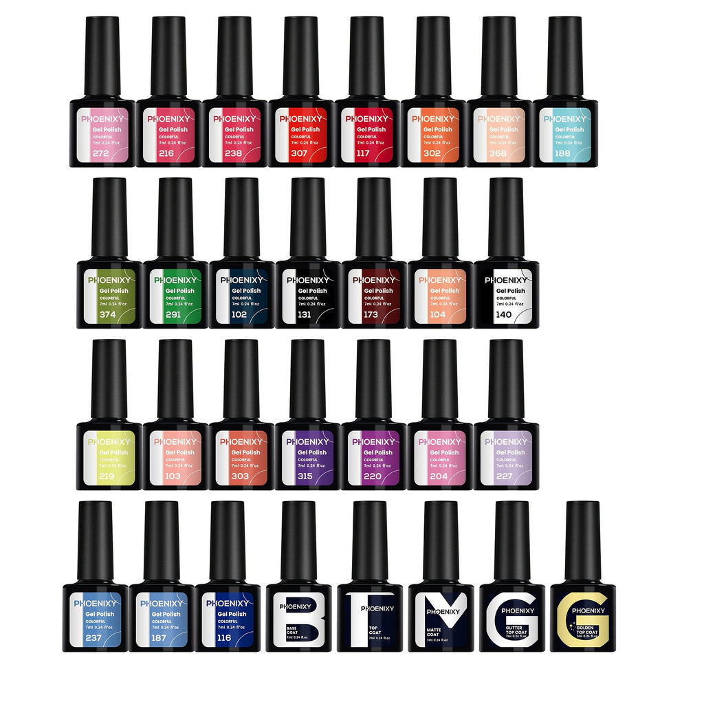 PHOENIXY 30pcs Pure Gel Set, Including Base Gel, Glossy Top Coat, Matte Top Coat, and Golden Glitter Top Coat