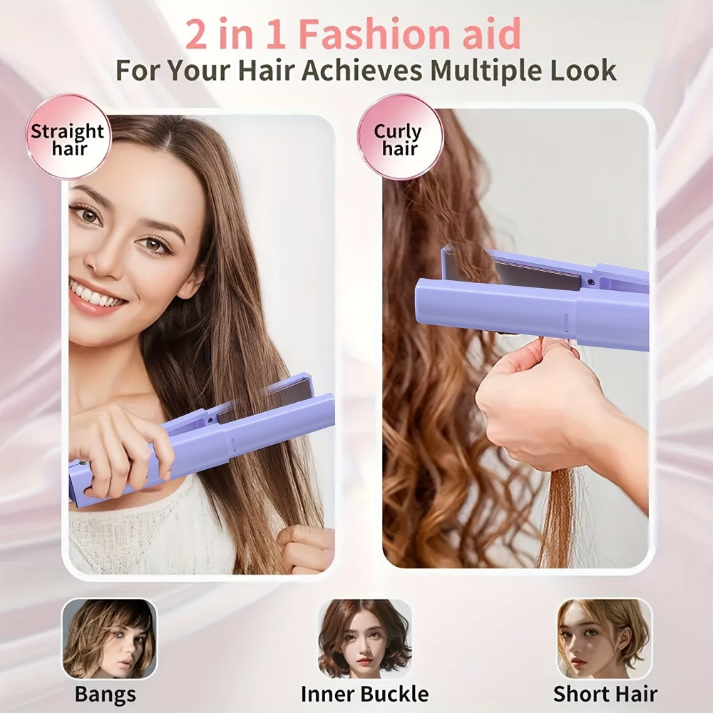 Cordless Hair Straightener & Curler 2-in-1 — Wireless Charging 2600mAh, Ceramic Negative Ion Portable Styling Tool for Travel, Heat-Resistant, Gift for Women — Grey & Purple