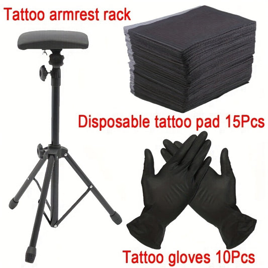 Tattoo Armrest Stand Adjustable Tripod with 15 Disposable Pads 10 Gloves 180° Angle PU Padded Arm Leg Rest Portable Collapsible Tattoo Chair Support for Tattoo Studio Salon & Beginners