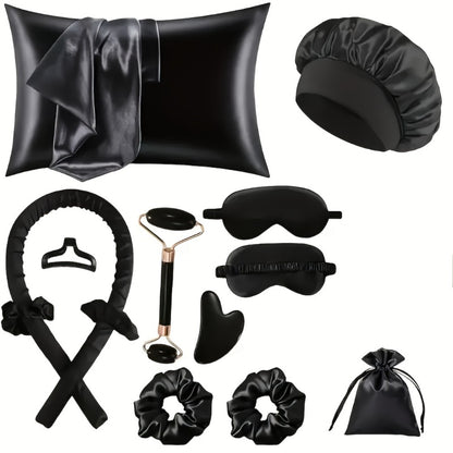 Sleep Hair Curling Set 12pcs – Heatless Curling Rods, Satin Sleep Cap, Eye Mask, Facial Roller, Hairband & Satin Storage Bag for Women
