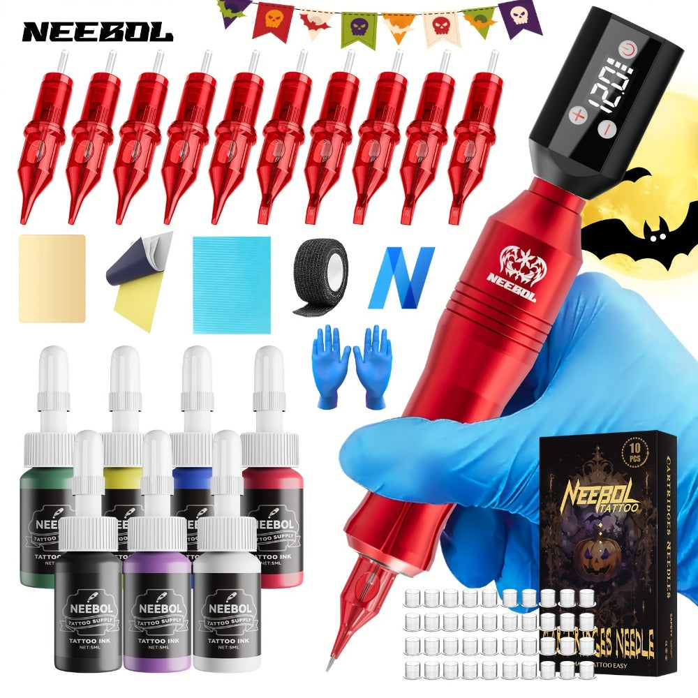 Neebol Tattoo Machine Kit Complete, Rotary Tattoo Pen Kit, Display Screen, 8 Hour Battery Life, 10/20 Cartridge Needles, Portable Design, Cordless Tattoo Gun Wireless Tattoo Supplies Equipment for Beginners And Artists, Body Art Makeup Easter Gifts