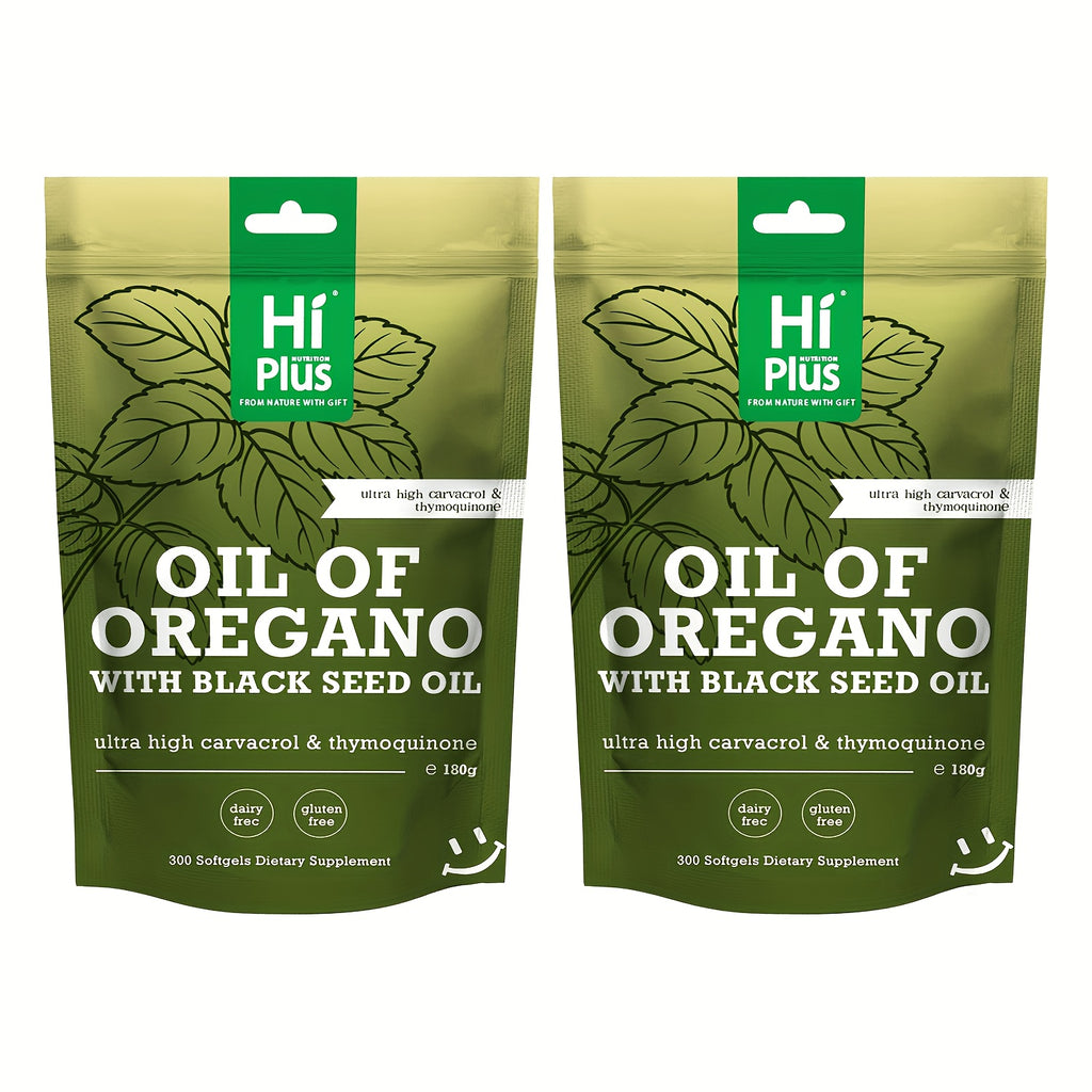 Hi Plus Oregano Oil Softgels, 300 Capsules | 2-in-1 Formula with Black Seed Oil 200mg, 4x Strength Carvacrylone & Thimeriquinone | Plant-Based, Immunological Support