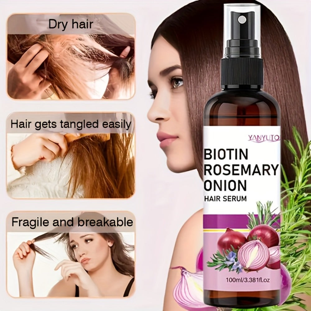 Hair Growth Essence Spray with Biotin & Rosemary — Strengthening Treatment for Damaged & Fragile Hair, Onion Extract, Reduces Breakage & Frizz, Enhances Shine & Scalp Health, All Hair Types, 100ml