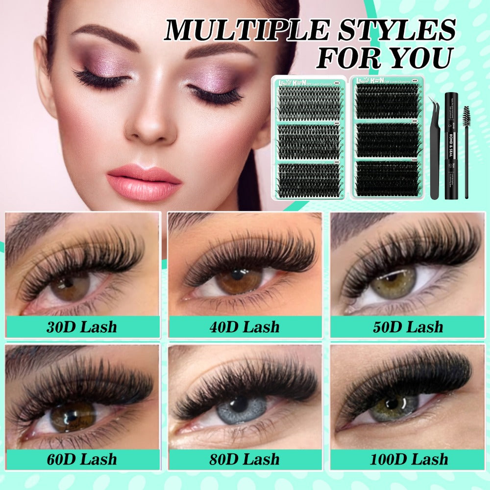 708pcs Mega Lash Clusters Kit with Tweezers Glue & Brush, Ultimate False Eyelashes Collection for Party Wedding Daily Makeup, Soft Silky Fiber Lashes, Full Voluminous Easy Apply Lash Extension Set