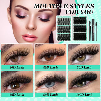 Lash Clusters Kit 708Pcs with Tweezers, Glue & Brush – Soft Silky Fiber False Eyelashes, Full Voluminous DIY Lash Extension Set for Party, Wedding, Bridal & Daily Makeup, Beginner to Pro
