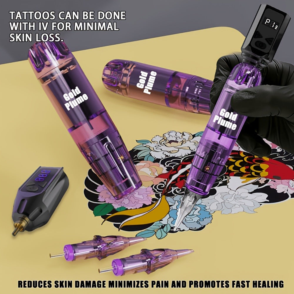 GOLDPLUME Tattoo Gun Kit Complete Set, Wireless Tattoo Gun Set, Tattoo Gun Kit with 1500mAh Tattoo Power Supply, 10 Tattoo Needles And 7 Bottles Of Tattoo Ink And Other Tattoo Supplies, Complete Tattoo Set for Beginners And Tattoo Masters