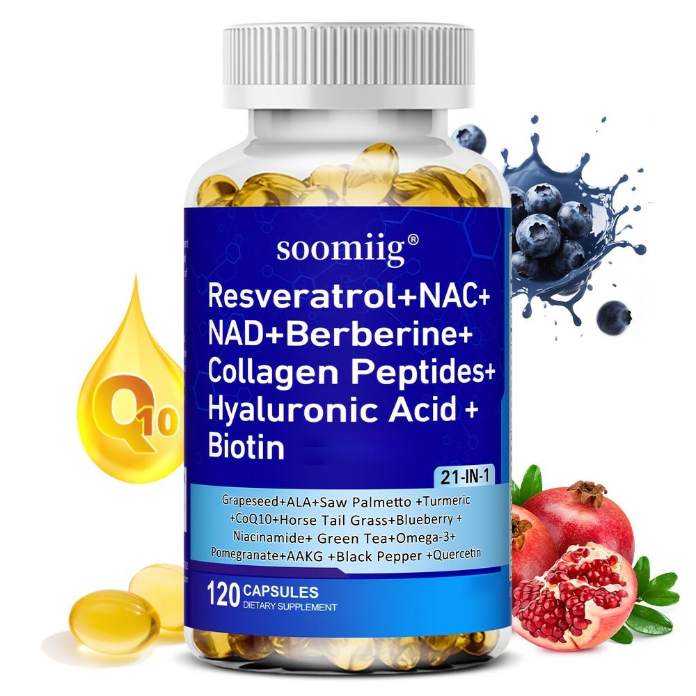 [120 Capsules] Resveratrol + NAC + NAD + Collagen Peptides + Hyaluronic Acid + Thiamine Supplement, Containing Saw Palmetto, Coenzyme Q10, Quercetin, Omega-3 And Black Pepper, Supports Mood, Hair, Nail And Eye Health, 120 Capsules (Optional 1/2/3 Bottles)