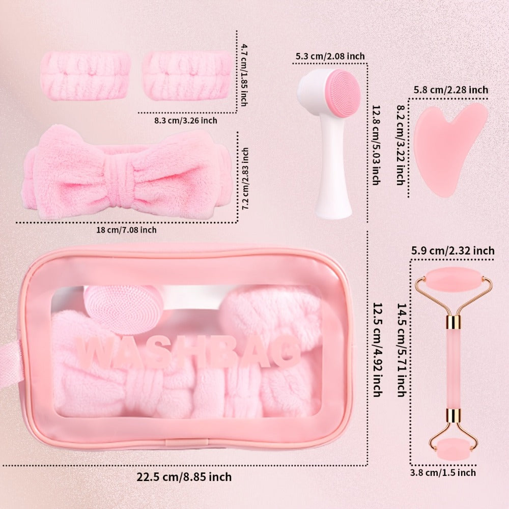 Facial Cleansing Massage Set 7Pcs Silicone Face Brush Double-Headed Roller Massager Heart Scraping Board Wristbands Hair Band Storage Bag Skincare Tool for Women