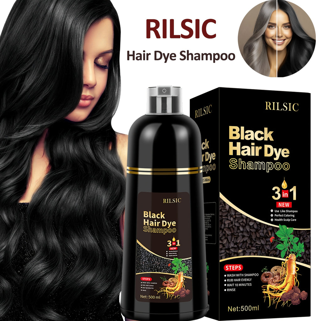 RILSIC 1pc Hair Dye Shampoo 3 IN 1 For Women & Men, Instant Hair Color, 100% Grey Hair Coverage, Plant Squalene Natural Hair Dye Coloring In Minutes (16.91oz)