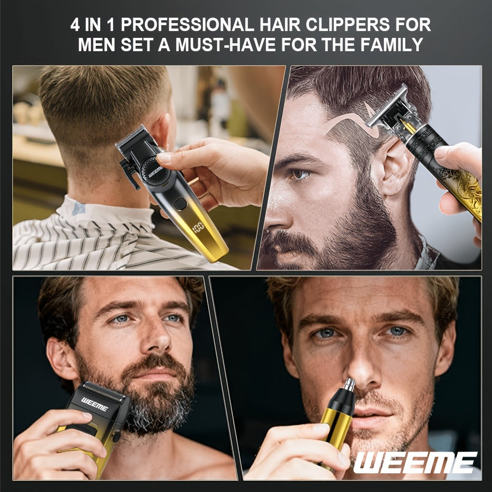 4pcs WEEME Men's Grooming Kit with Electric Shaver, Beard Trimmer & Nose Hair Trimmer - USB-Powered Rechargeable Hair Clipper System, 8 Guide Combs Suitable for Father, Boyfriend, Husband Gift for Holidays, Travel & Use