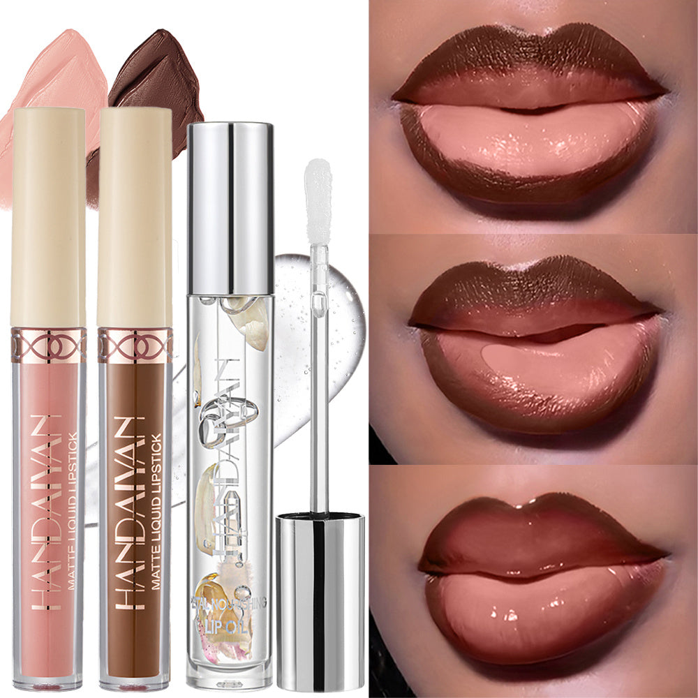 3pcs Matte Lip Gloss And Lip Oil Set - Waterproof Long-Lasting, Non-Sticky Velvet End, Mixed Shades ( Matte Lip Liner And Gloss Combo) for Party, Festival, Christmas, Halloween Daily Makeup & Daily Wear