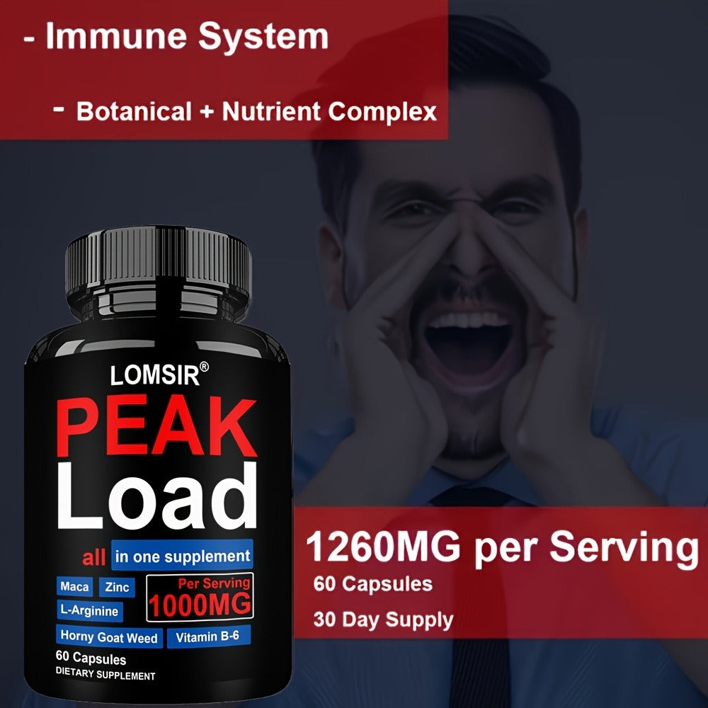 LOMSIR PEAK Load Capsules - 7-in-1 Botanical & Nutrient Complex with L-Arginine, Zinc & Vitamin B6, 1000mg Per Serving, 60 Capsules