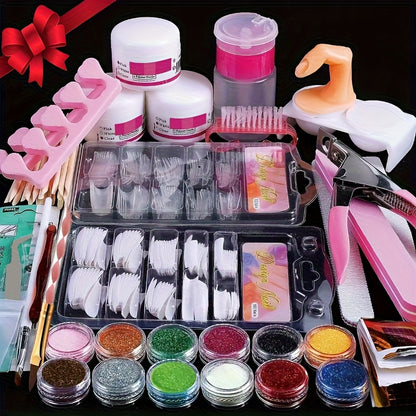 Acrylic Nail Powder Kit 12 Colors Glitter with Nail Plate Press Bottle Extension Paper Holder - Complete Beginner Nail Extension Tool Set for Salon & DIY