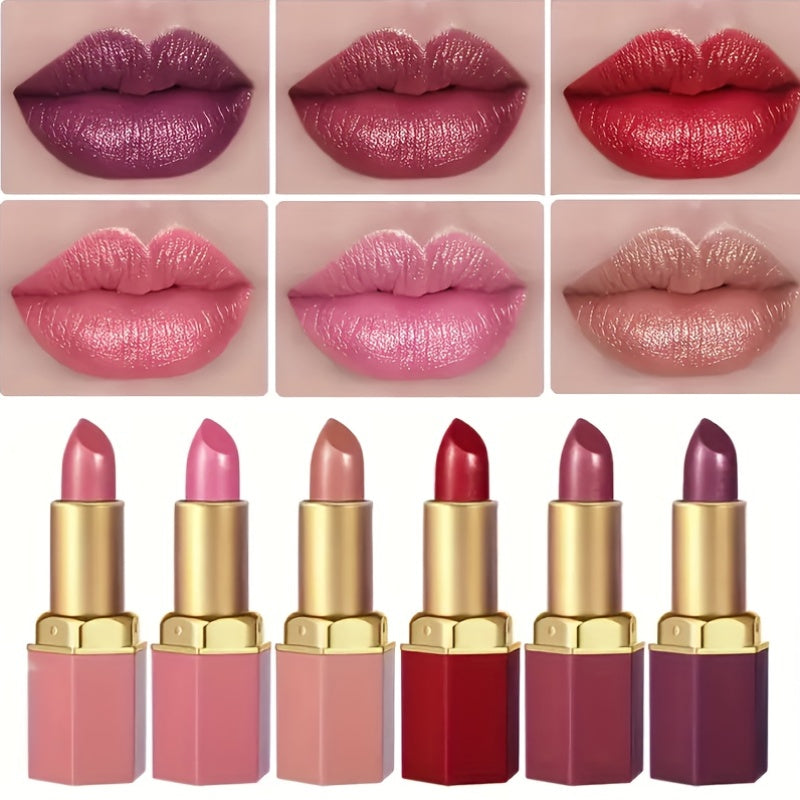 6 Hydrating Lipsticks - Durable Moisturizing Creamy Formula, Effortless Application with a Texture, Vibrant Berry Hues Perfect for All Light Beige Complexions, Daily Makeup, Easy to Use, Shiny End, Essential for Beauty Enthusiasts!